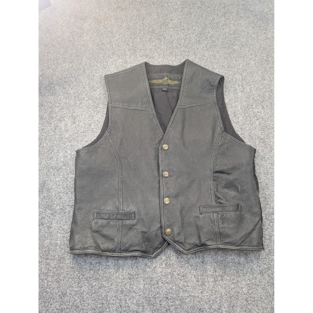 Structure‎ Leather Vest Mens Large Black Button Front Biker Adjustable Back